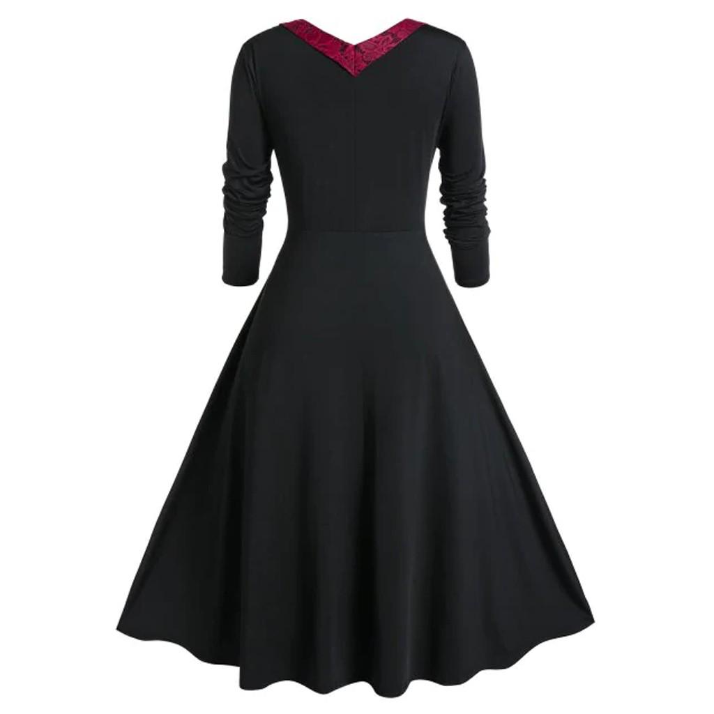 Womne Plus Size Long Sleeve Lace Panel A Line Sweetheart Neck Vintage Dress
