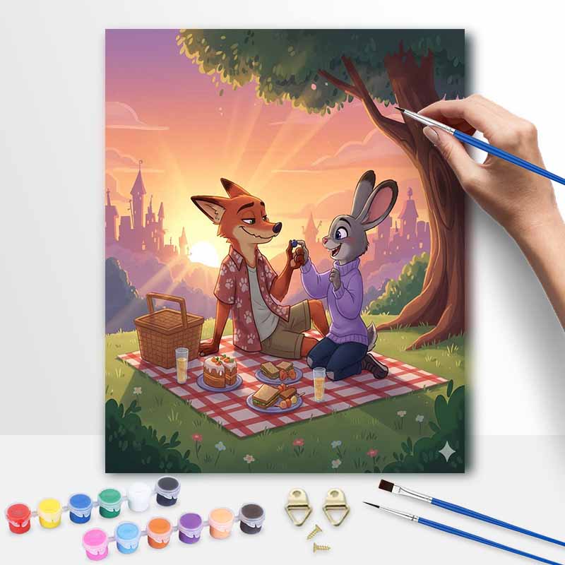 Disney Zootopia Picnic Art Painting Kit, Handmade Diy Painting Home Wall Decoration, Nick Judy Romantic Scenery Artwork for Bedroom Decor