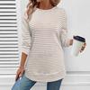Women's Casual Long Sleeve Knit Hollow Stripe Round Neck Pullover T-shirt Top, Autumn Winter Fashion Top for Crossborder