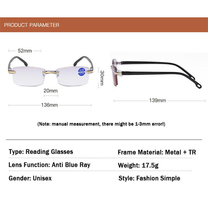 Anti Blue Light Reading Glasses Rimless Women Square Presbyopic Eyeglasses Diopters 0 To +4 0 Frameless