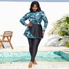 Women's Printed Zipper One-Piece Skirt Swimsuit with Long Sleeves - Plus Size Available