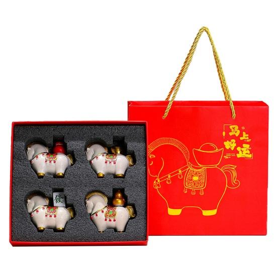 1/4Pcs Cartoon Horse Figurine with Gift Bag Box Bring Good Luck Fortune Chinese Style Pony Statue Home Office Desktop Feng Shui Decoration Ornament