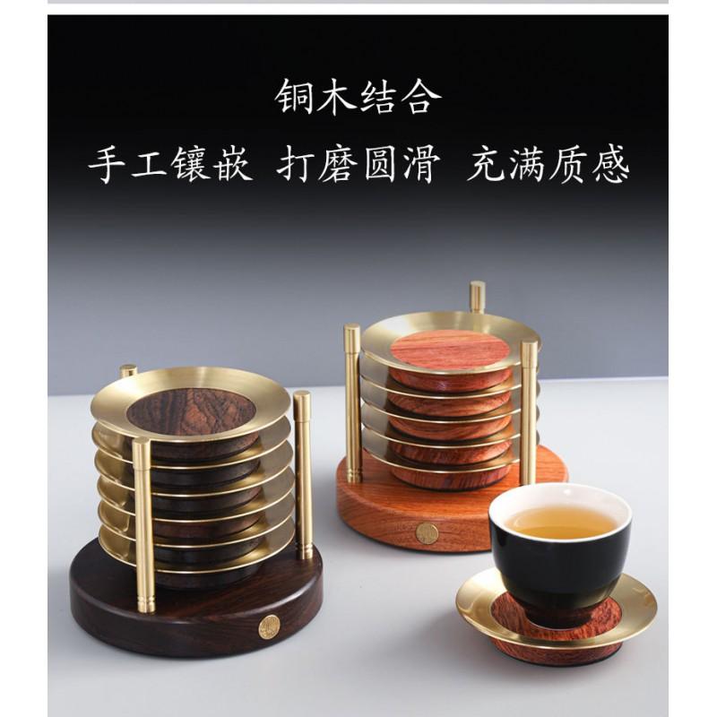 Elegant Copper Wood Tea Coaster Set 6pcs Modern Chinese Style Heat Resistant Wooden Cup Mat Ceremony