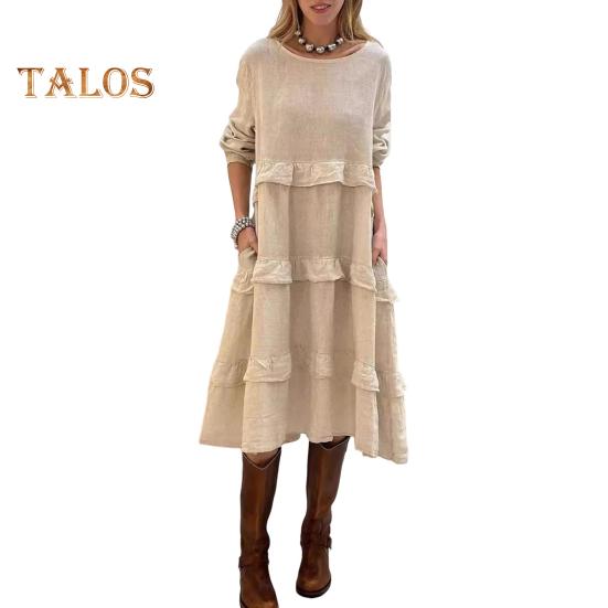 Damen Langarm-Midikleid mit lockerem Rüschen-Stufenkleid, lässiger O-Ausschnitt, Frühlings-Pulloverkleid für Urlaub, Strand