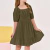 Children's Casual Bubble-Sleeve Backless Waist-Tied Bow-Pleated Dress