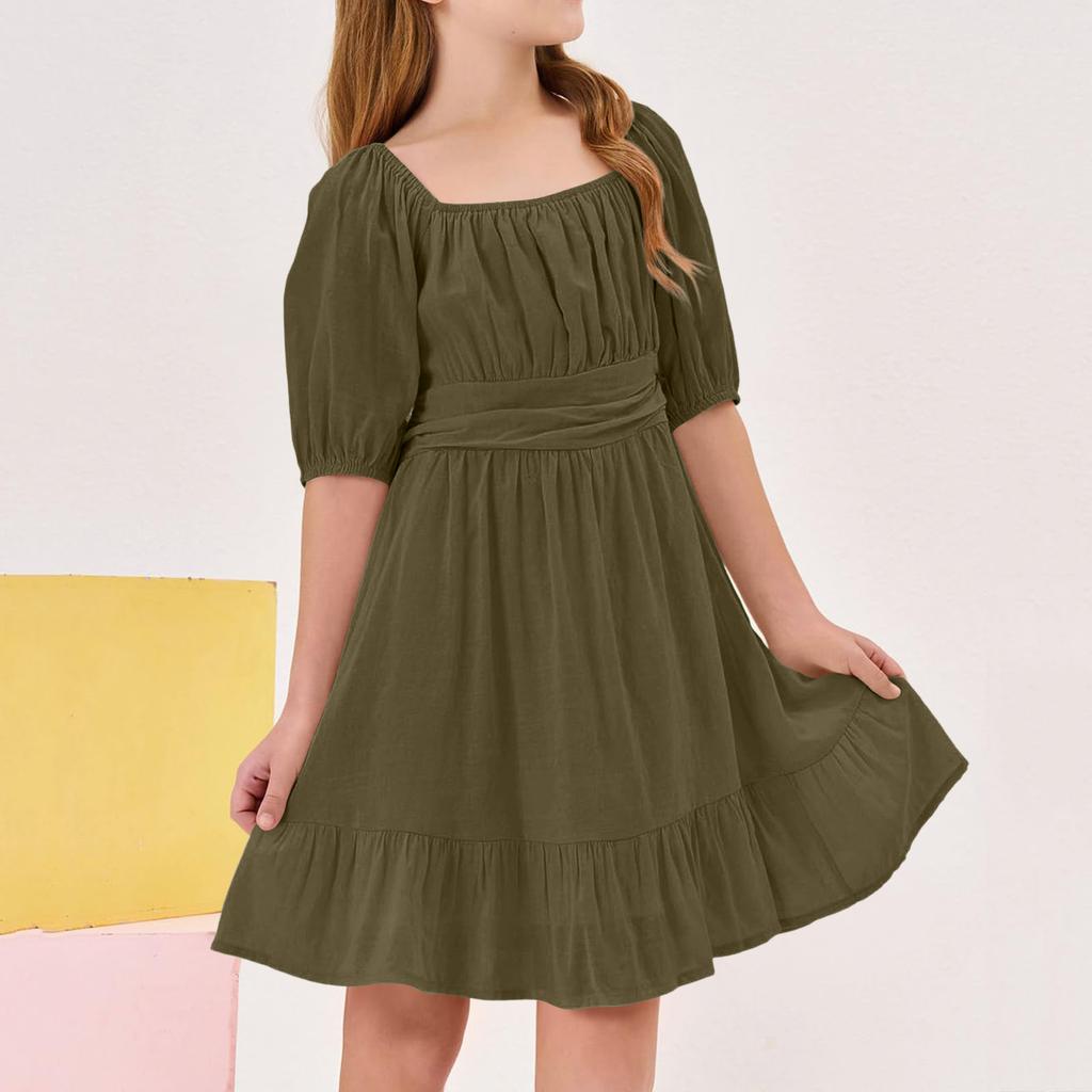 Children's Casual Bubble-Sleeve Backless Waist-Tied Bow-Pleated Dress