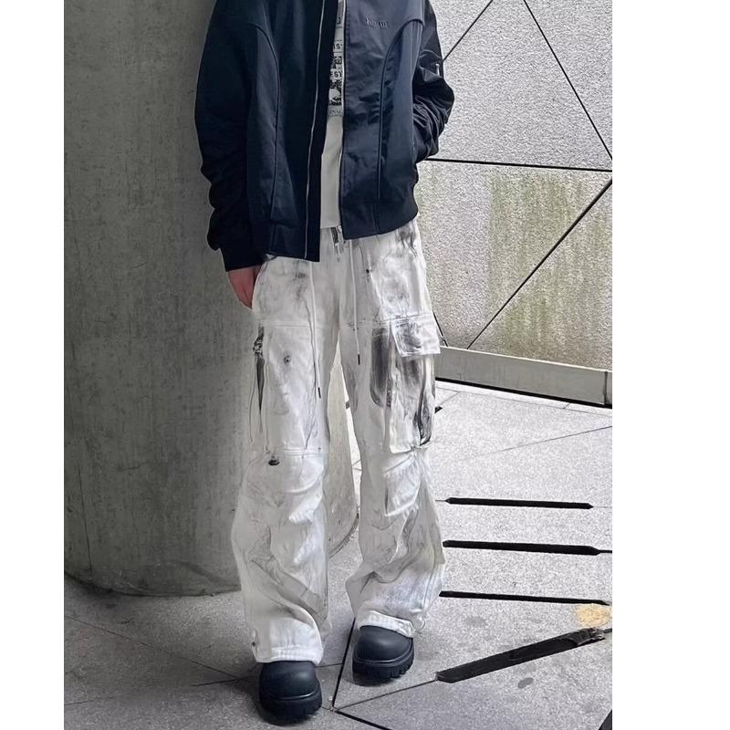 

American high street white tie-dye jeans men s straight loose multi-pocket mopping design couple tooling pants 3XL білий