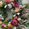 Artificial Wreath Peony Rose Garland with Leaves Vine Spring Summer Front Door Hanging Wreath for Farmhouse Office Home Wedding