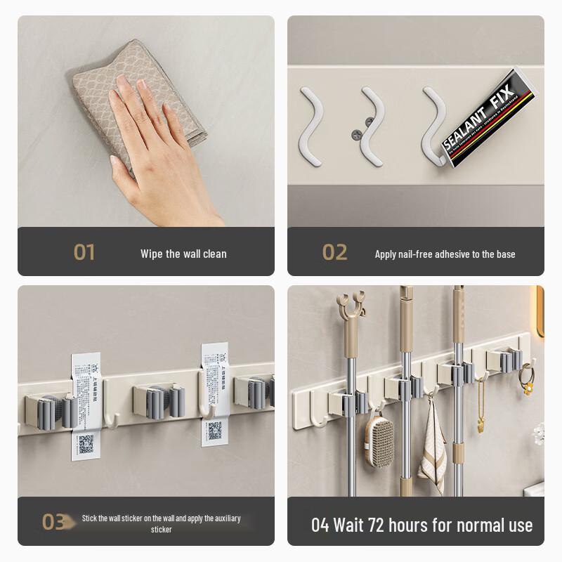 Handun Wall-Mounted No-Drill Mop Holder with Hooks