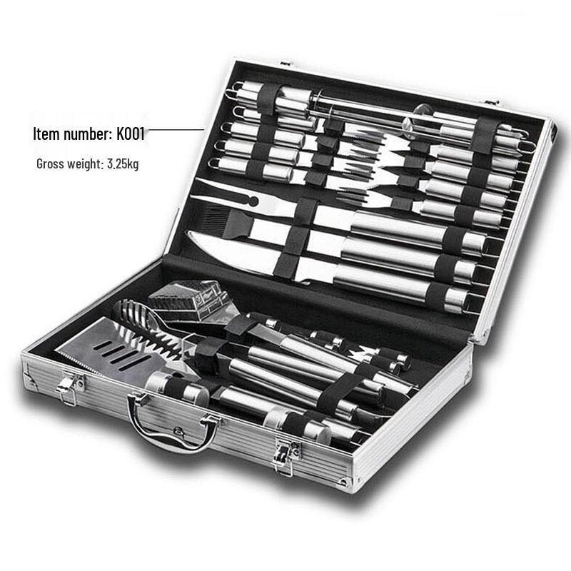 Meigo Stainless Steel BBQ Tool Set, 32 Pieces, with Portable Cloth and Aluminum Case Options, New.