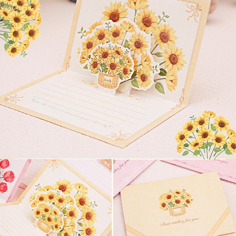 1PC Paper Postcard 3D Greeting Card Creative Roses Birthday Gift Card Sunflowers Bouquet Pop-Up Tulips