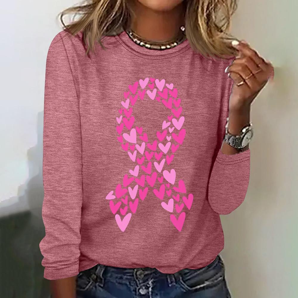 Heart Motif Pink Ribbon Print Designer Women's T-shirts Fashion Fall Cotton Long Sleeves T shirt Casual O-neck Women Clothing