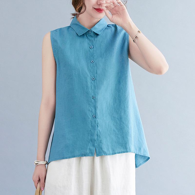 

2021 Summer Sleeveless Artistic Cotton Linen Cardigan Top for Women XL синий