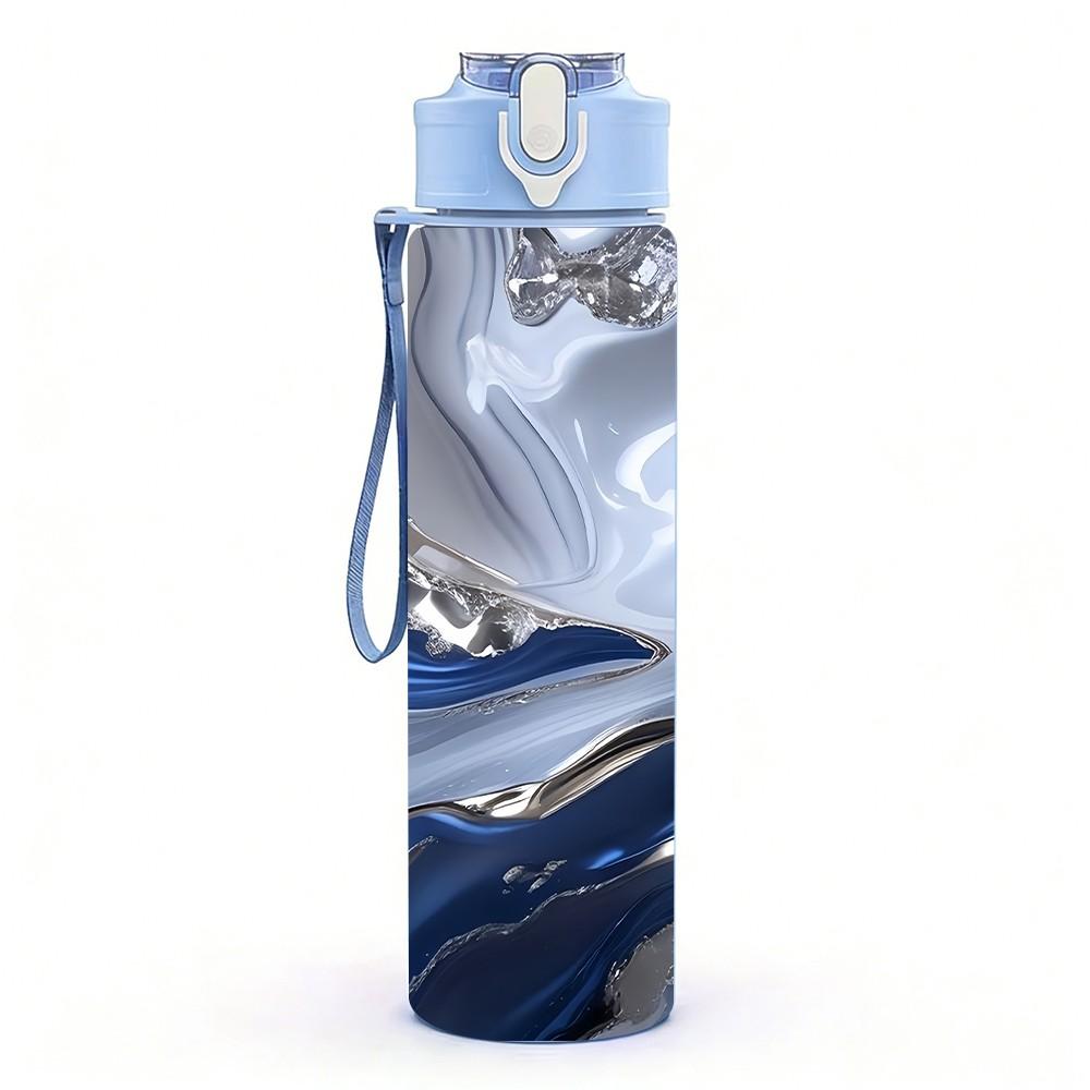 1PC Dark Blue Fluid Marble Pattern 750ml Color Plastic Sports Water Bottle Leakproof Flip Straw Lid Suitable for Sports Office Home Use