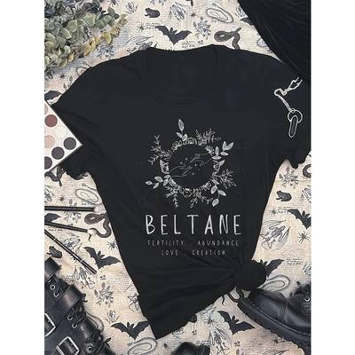 Women's Halloween BELTANE Print Tee Black White Floral Crew Neck Short Sleeve Party Casual Holiday Machine Washable Graphic Top