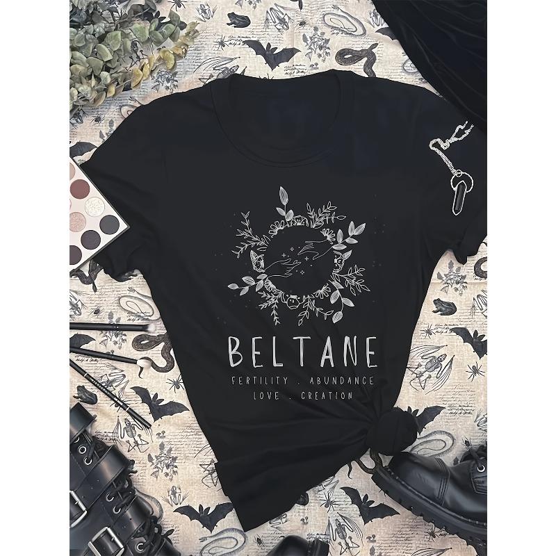 

Women s Halloween BELTANE Print Tee Black White Floral Crew Neck Short Sleeve Party Casual Holiday Machine Washable Graphic Top 4XL чорний