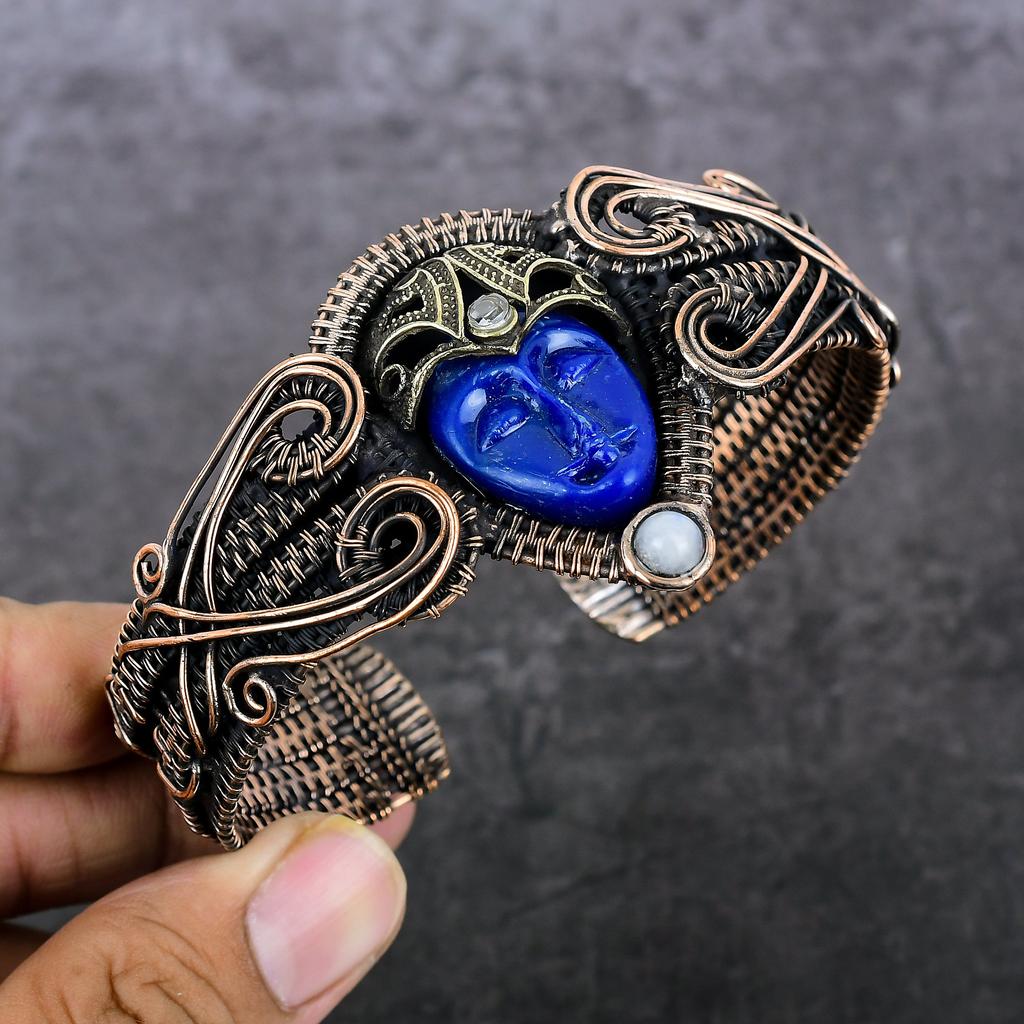 Cameo, Moonstone Handmade Copper Wire Wrap Cuff Bangle Adjustable Z7i86