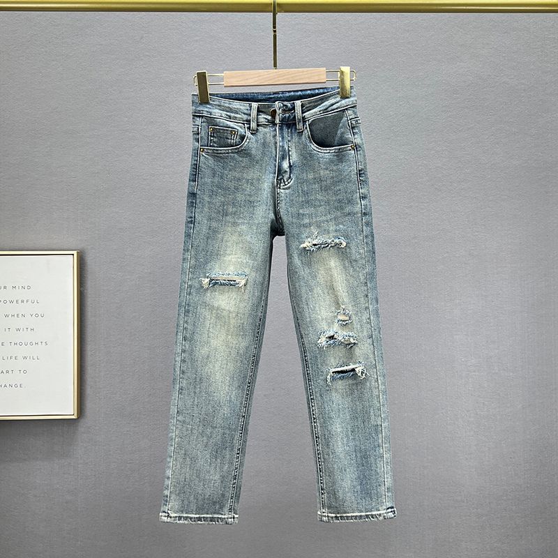 

Fake Ripped High Waist Silm Slim Looking European Goods Straight-Leg Pants Denim Blue 32