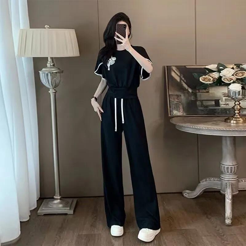 

Women s Summer 2026 Fashionable Two-Piece Set: Short Sleeve Top & High Waist Straight Leg Pants L [For 101-115 lbs]