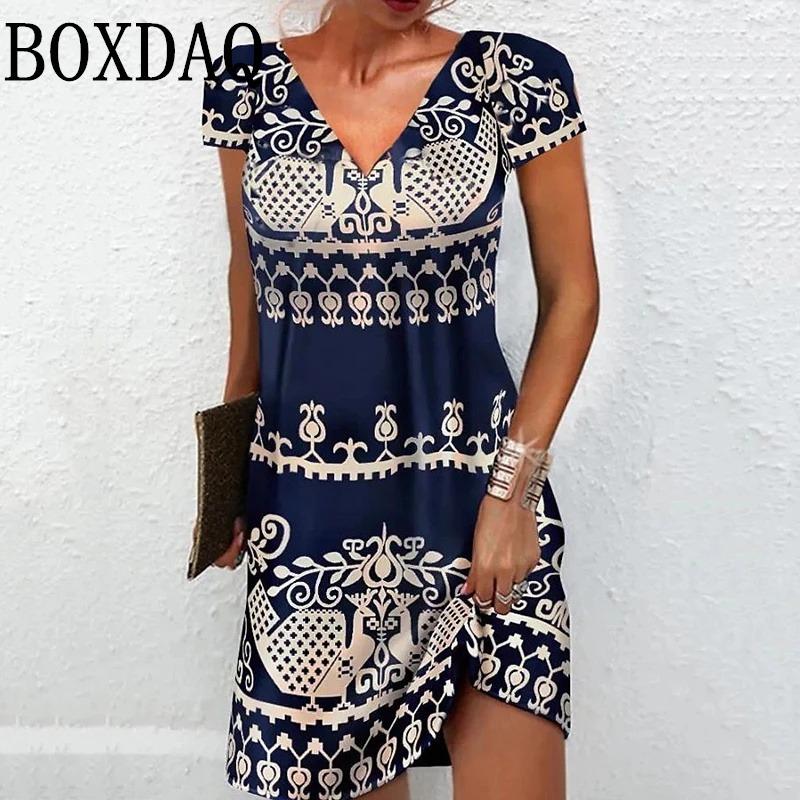 

Vintage Ethnic Printing Dress For Women V-Neck Short Sleeve Loose Plus Size Dresses Fashion Casual Floral Dress Sundress 6XL