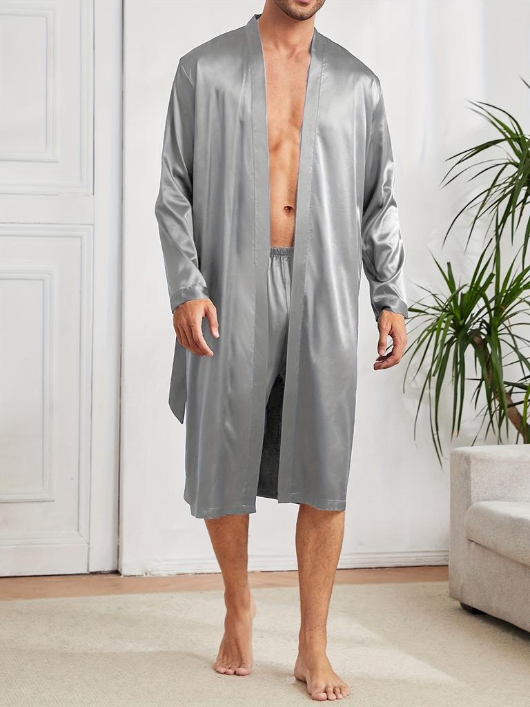 Herren Einfacher Stil Lässige Pyjama-Sets, Herren Bequemer Einfarbiger Morgenmantel, Eleganter Morgenmantel zum Schnüren & Lockere Shorts Hauspyjama-Sets