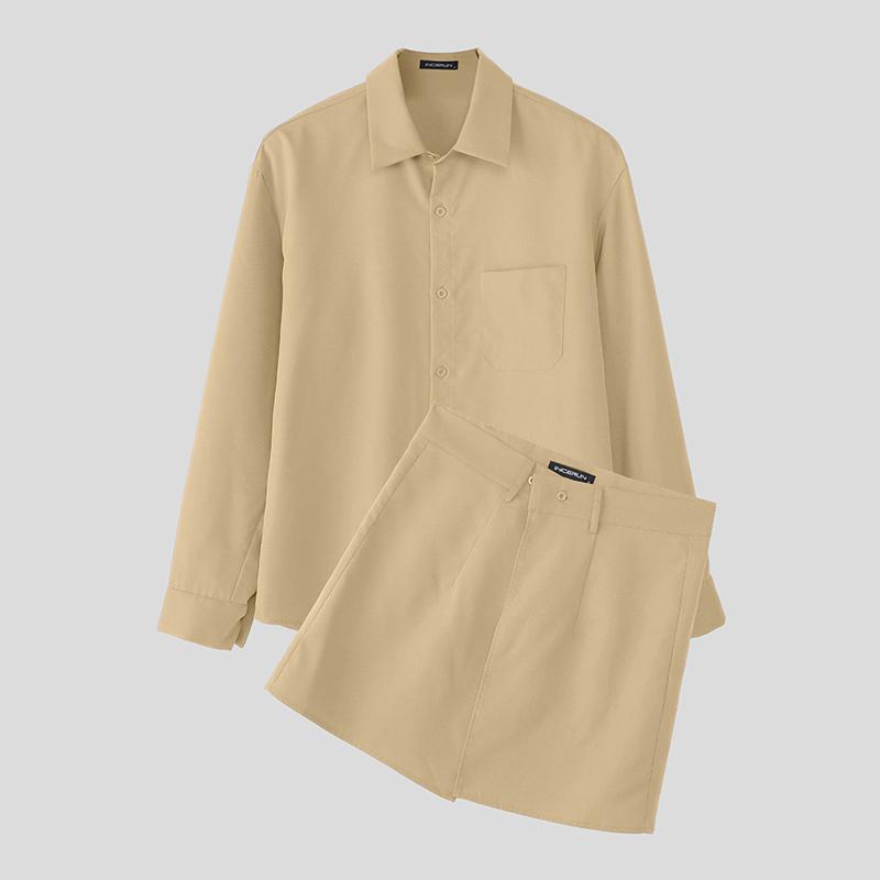 INCERUN Men Two Pieces Long Sleeve Buttons Shirts with Wrap Hem Sets