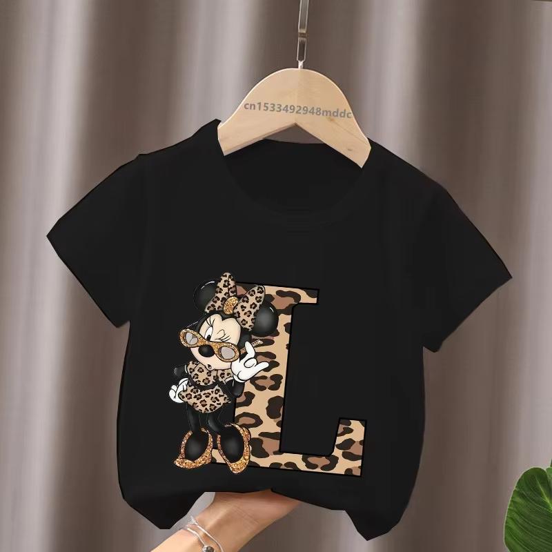 Mouse Leopard Letter A B C Name Print Unisex Women Tops Kids Tshirt Clothes Black Short Sleeve Black T Shirt