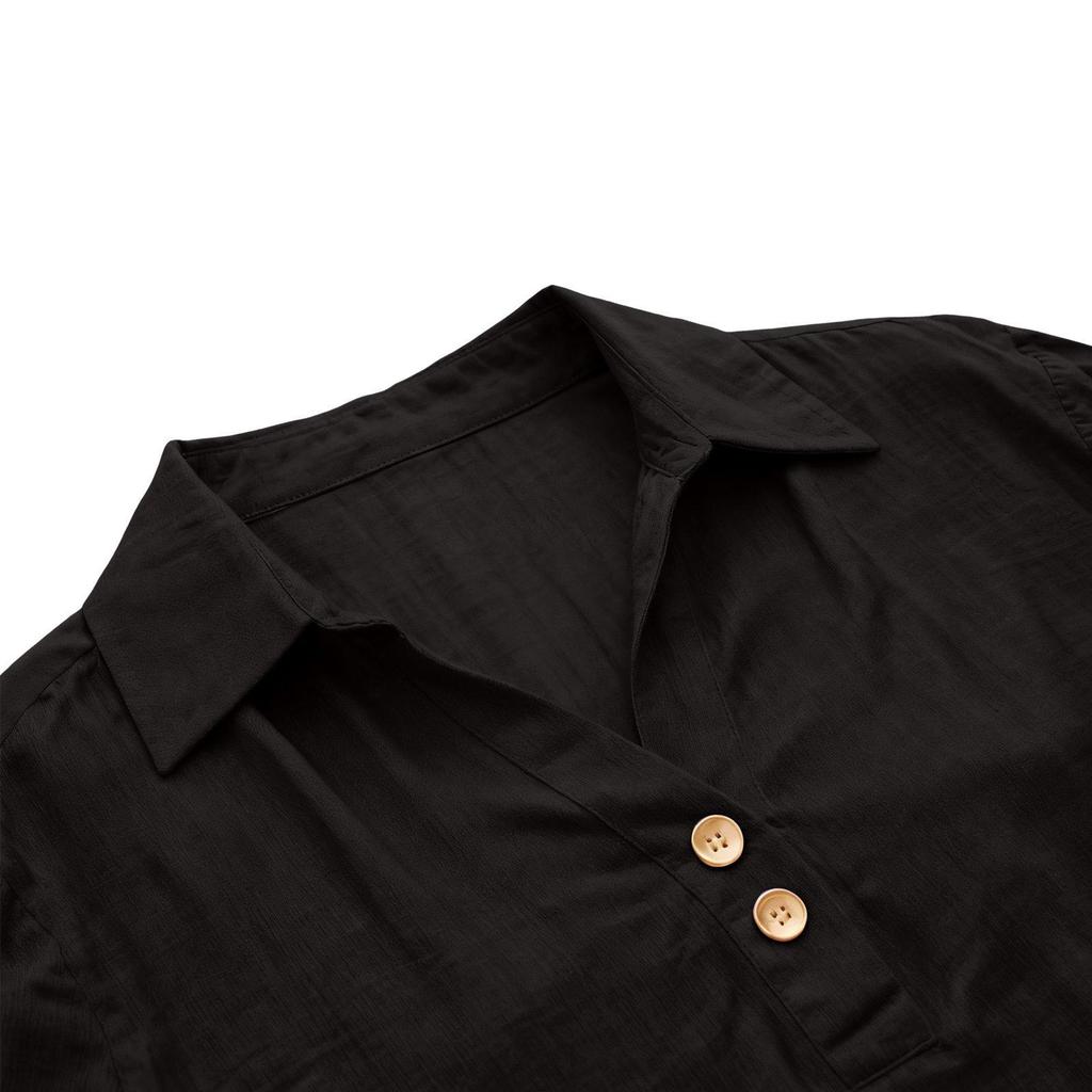 Women's Seven-Sleeve Cotton Linen Lapel Shirt - Solid Color, Casual, Breathable