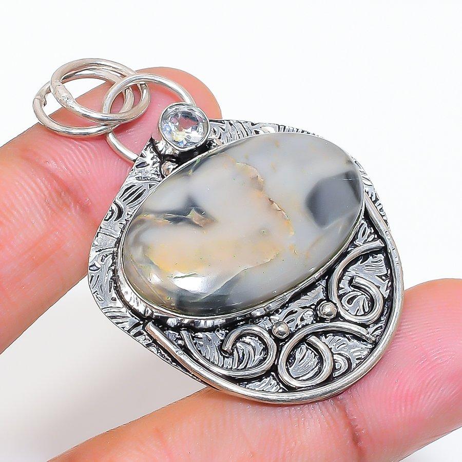 Natural Maligano Jasper, Topaz 925 Sterling Silver Jewelry Pendant 2.05" ZS-155