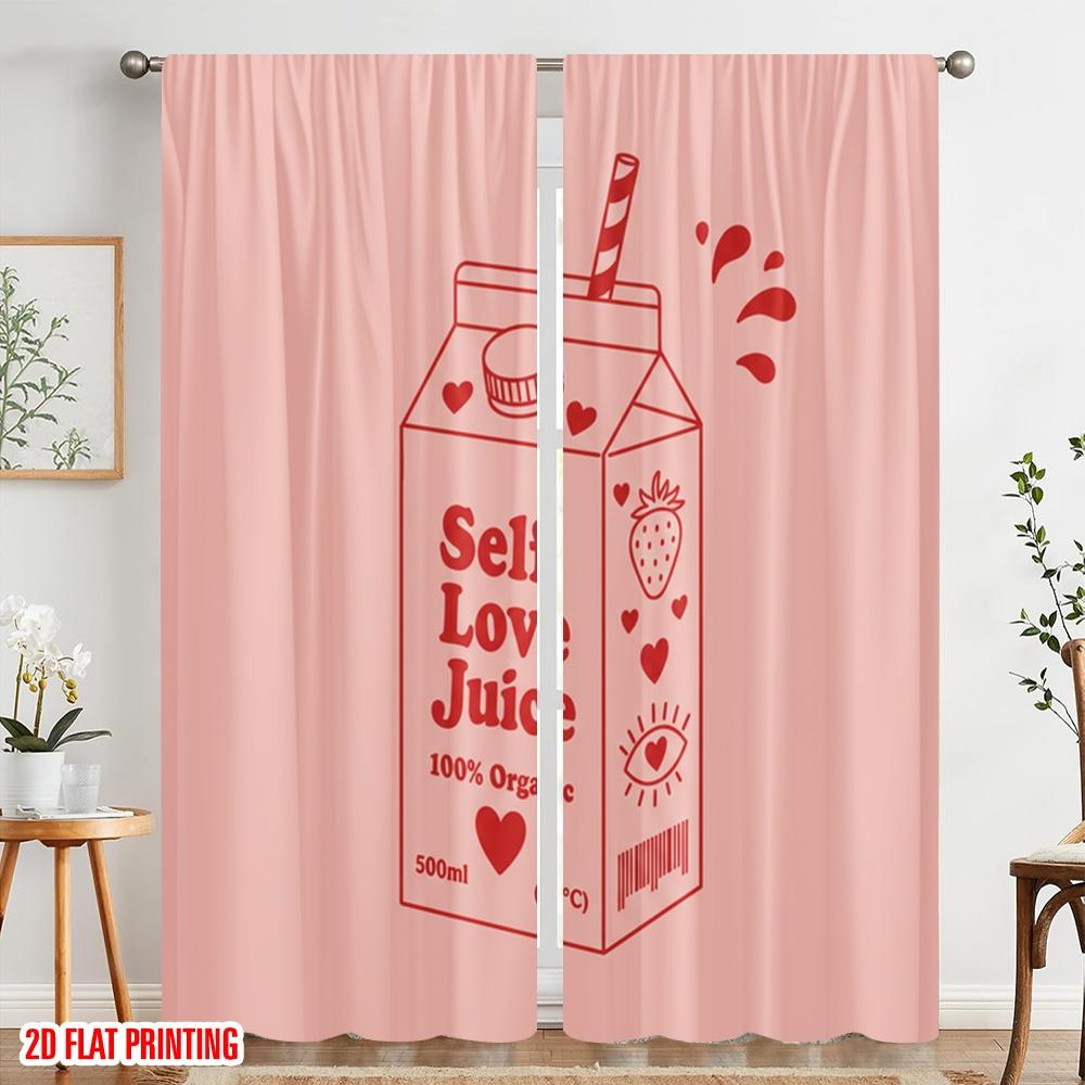 2pcs 2D Flat Printing Window Curtains Self Love Juice Aesthetic 100% Polyester Without Electricity Holiday Decorations Perfect