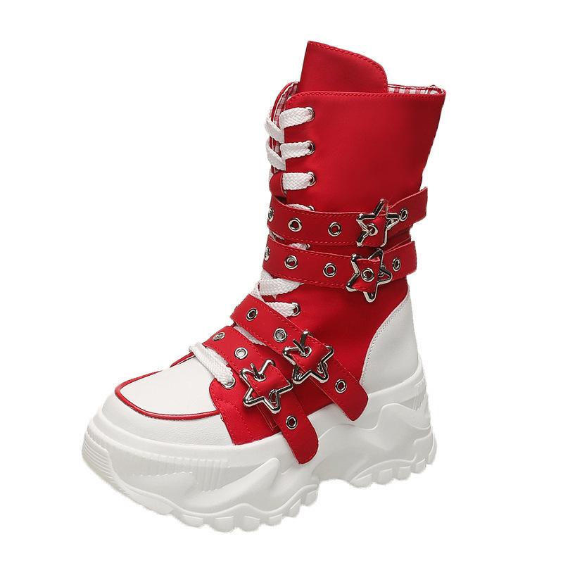 Wind locomotive boots thick-soled round head belt buckle solid color women's Martin boots