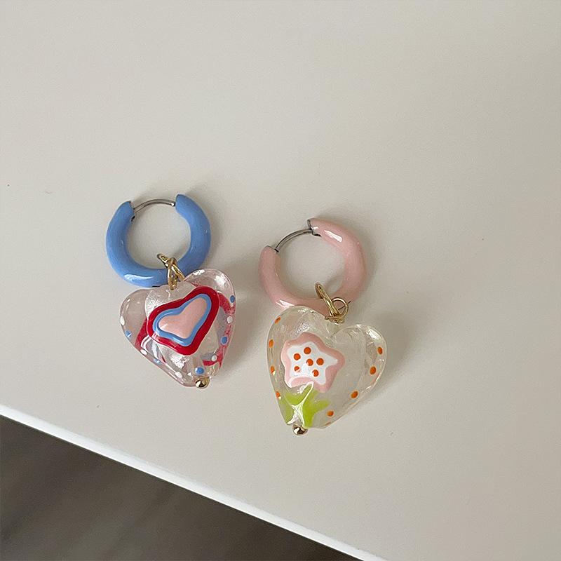 Minar Sweet Candy Color Enamel Clear Coloured Glaze Asymmetric Love Heart Hoop Earrings for Women Statement Party Daily Jewelry