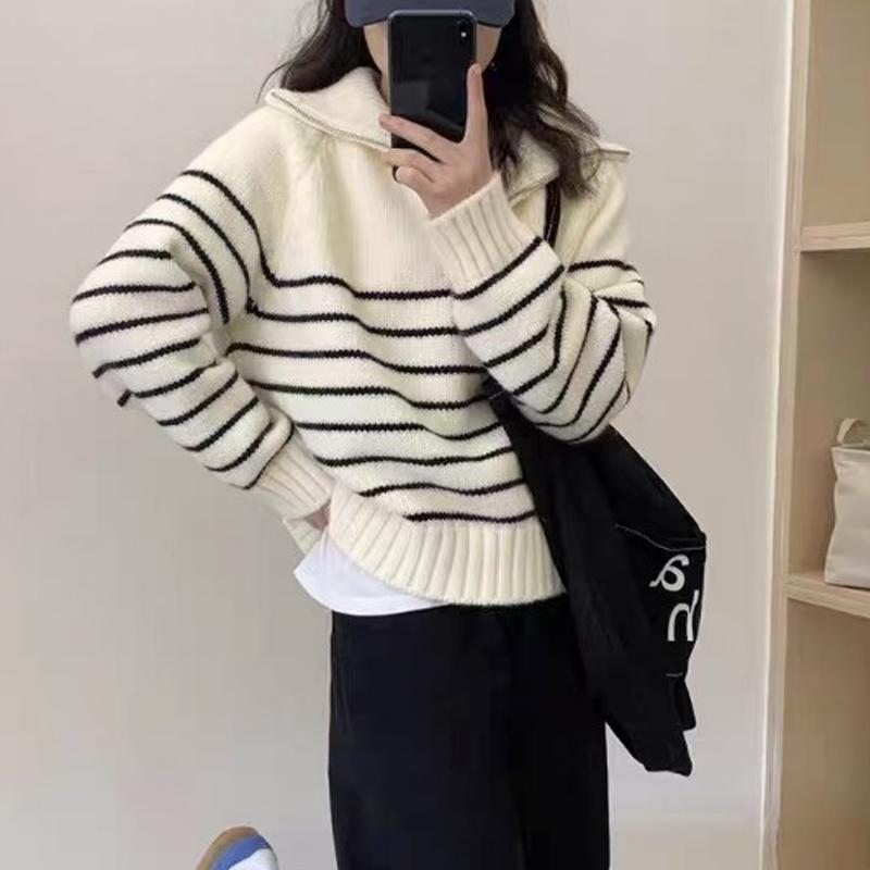 New Loose Casual Knitted Pullover Striped Women Sweater Autumn/Winter Half Zipper Fashion Korean Long Sleeve Short Top Office Knitwear Simple Clothing