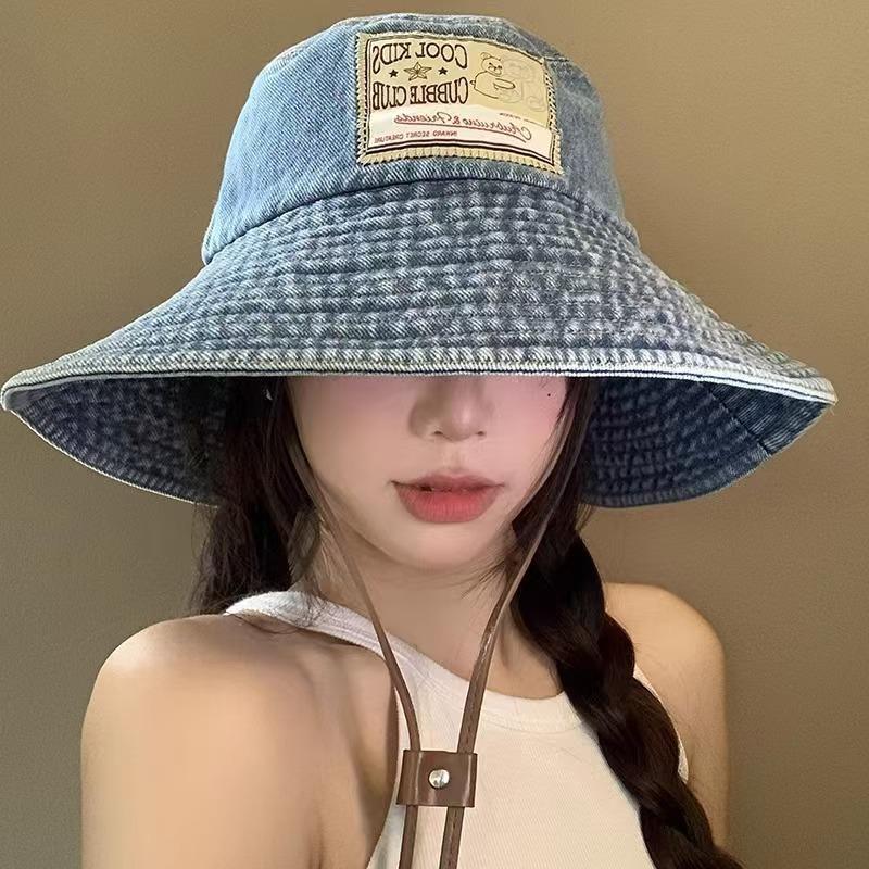 Large Brim Denim Fisherman Hat for Women Sunshade Visors Japanese Retro Bucket Hats Outdoor Windproof Sun Protection Basin Cap