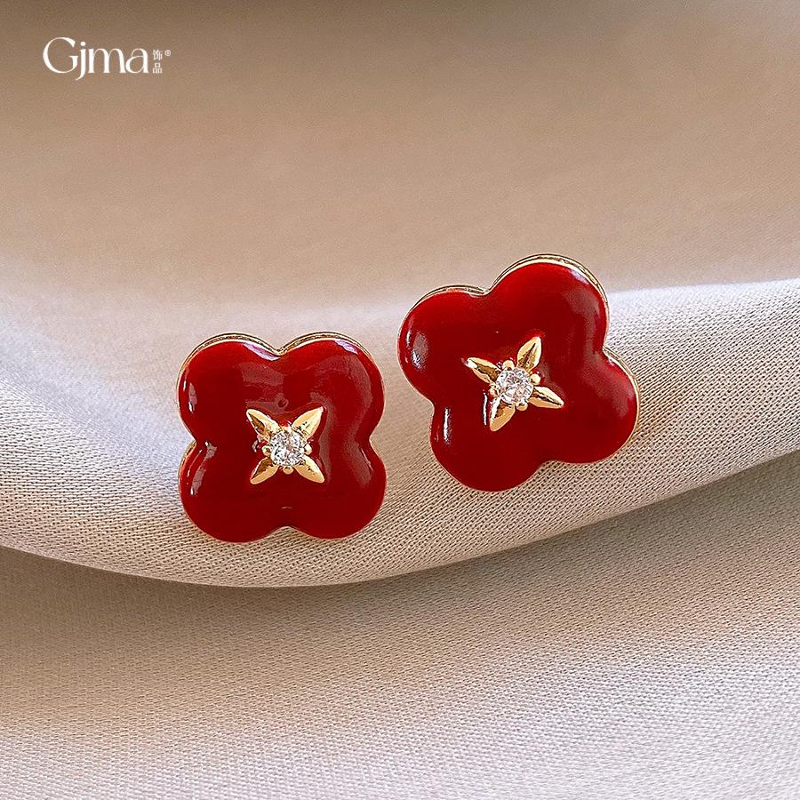 French retro zircon dripping oil red flower stud earrings niche earrings fashionable simple earrings women