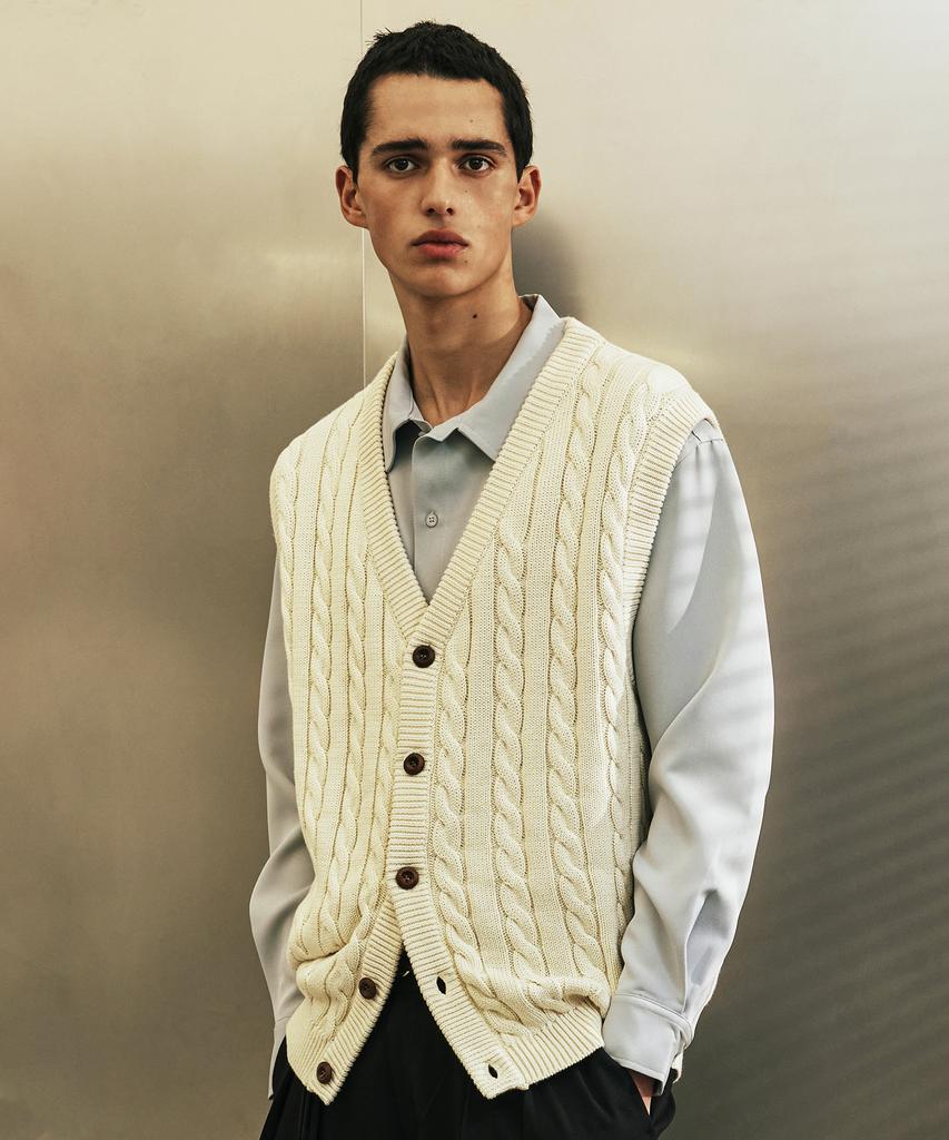 SSY [Set] Sunday Cable Knit Vest & Drapery Shirt