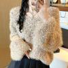 Autumn Winter Women Sweet V-neck Soft Furry Mohair Knitted Sweater Christmas Pullover Tops