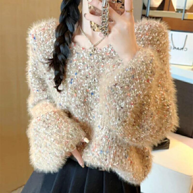 Autumn Winter Women Sweet V-neck Soft Furry Mohair Knitted Sweater Christmas Pullover Tops