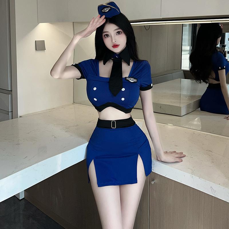 Sexy Airline Stewardess Uniform Secretary Costumes Cosplay Bandage Backless Top Mini Skirt Lingerie Set Office Role Play Outfit
