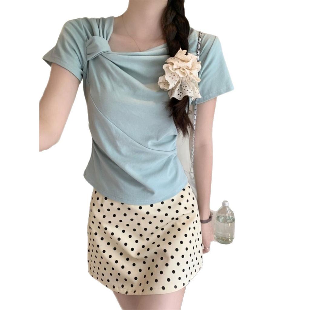Design Straps Sweet Short-sleeved T-shirt for Women's Spring and Summer New Products, and White Bottoming Shirt for Girls