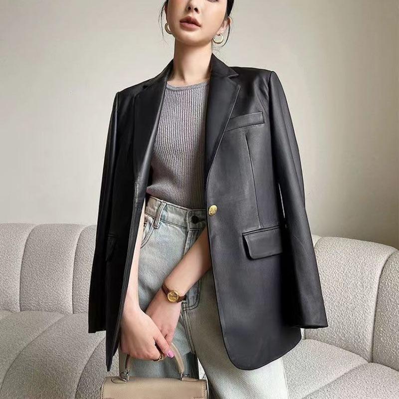 Leather jacket women's blazer spring and autumn new loose black pu temperament small suit top