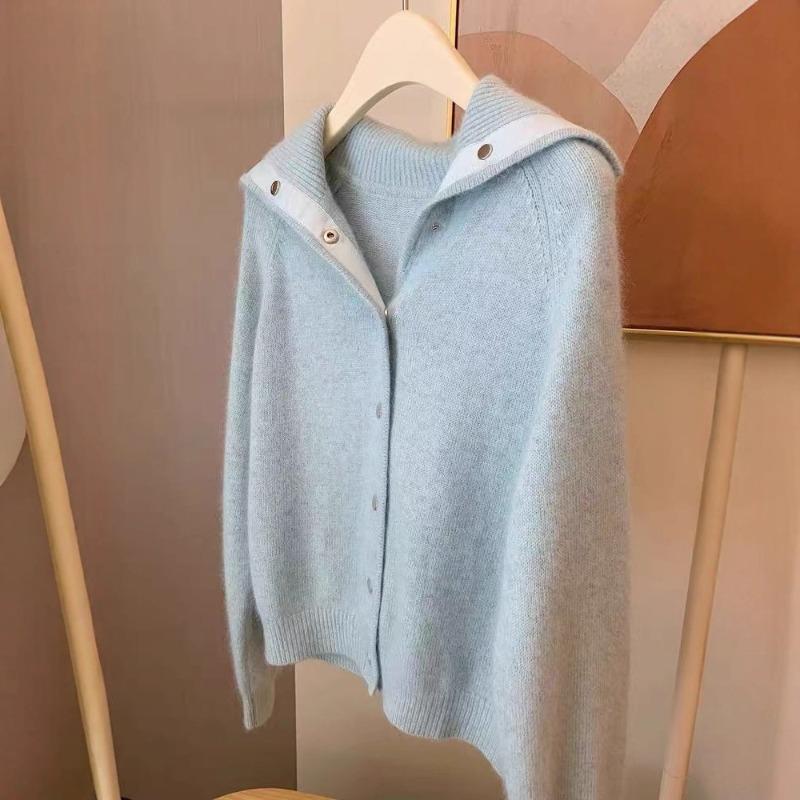Lapel milk whirring blue soft waxy outer sweater jacket knitted cardigan women's loose lazy style high-end top
