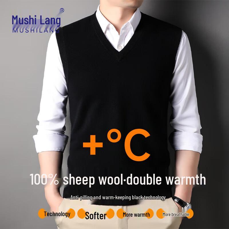 MUSHILANG Men's 100% Pure Wool V-Neck Pullover Vest