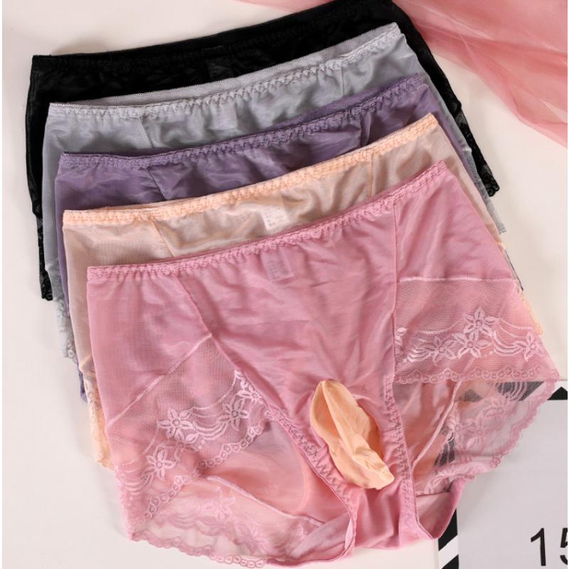 Large Size Sissy Pouch Panties Men Embroidery Lace See Through Briefs Crossdress Bullet Separation Underpant Gays Club Lingerie