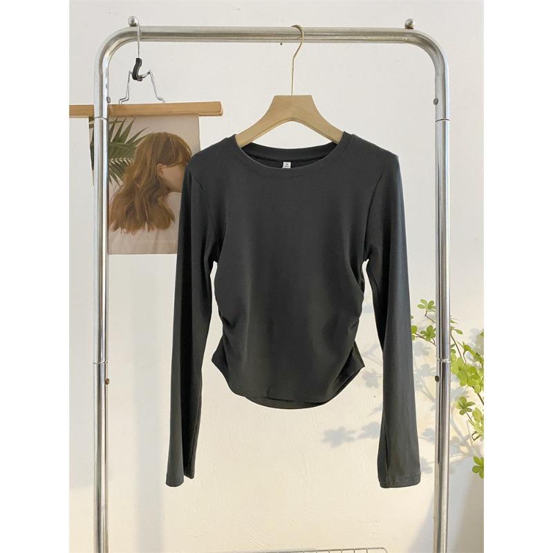 Irregular card waist pleated long-sleeved top spring slim-fit Spice Girl style shirt women's undershirt