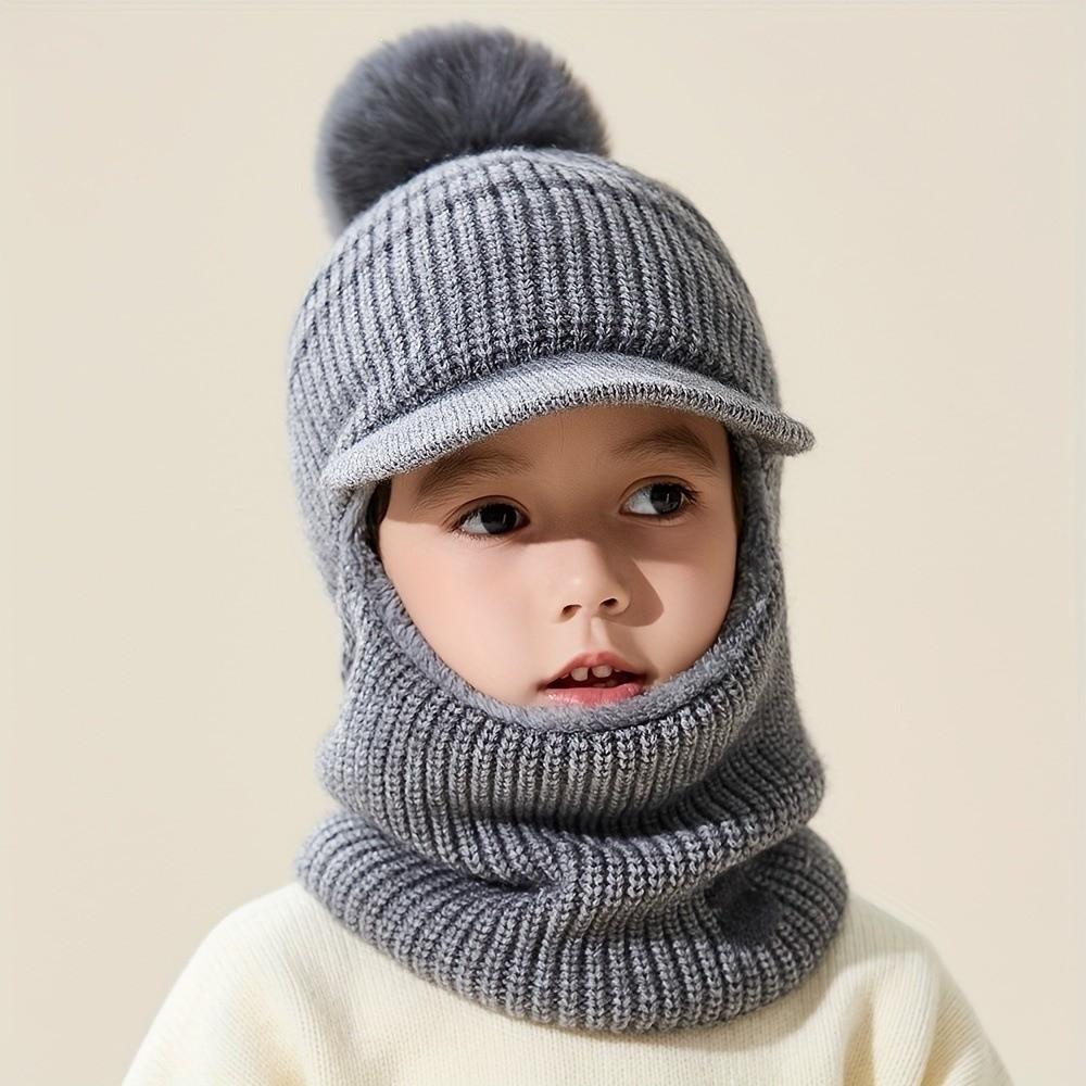 Pom Pom Detail Knitted Hat Scarf Set Ear Protection Design Integrated Balaclava Hat Outdoor Play