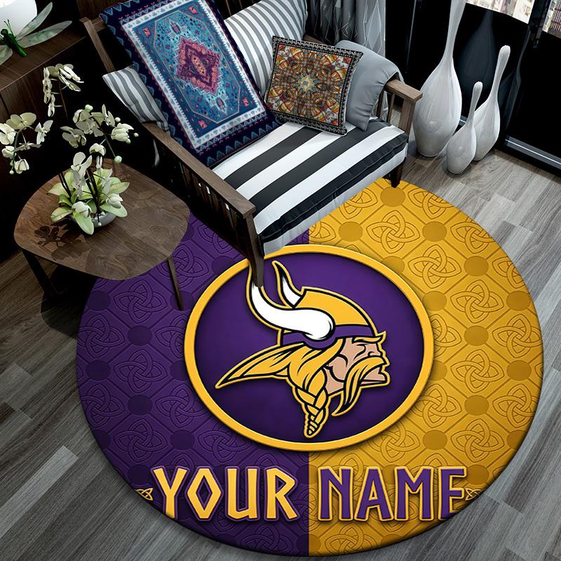 Custom Name Minnesota Vikings2 Round Area Rug,Carpet Rug for Living Room Bedroom Sofa Playroom Decor,Non-slip Floor Mat