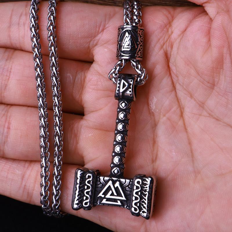 Flerfärgad pärlhalsband med vikingahammare och Thors hammare, rostfritt stål, herrhalsband, Mjolner amulett, smycken