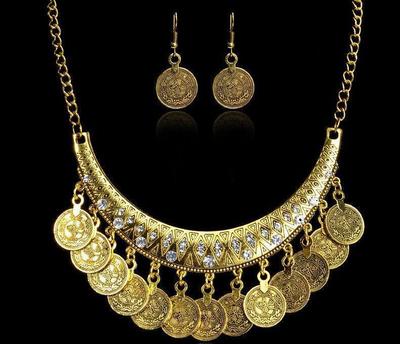 Ρετρό Ευρωπαϊκό & Αμερικάνικο Κολιέ με Φούντα από Σκαλιστό Νόμισμα με Στρας - Κοσμήματα Αλυσίδα Κλείδας σε Σχήμα U