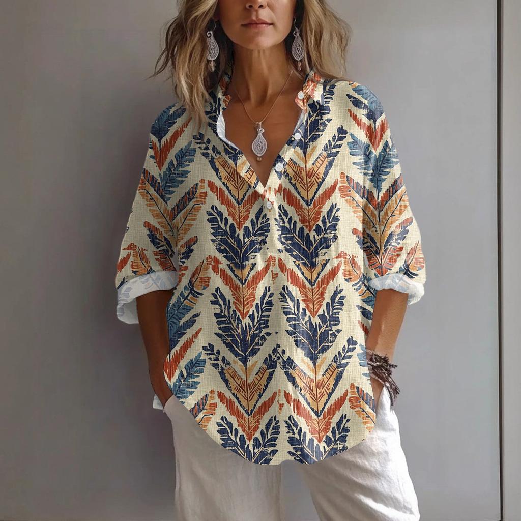 Women's Casual Spring And Summer Loose Printed Casual Sleeved Lapel Pullover Shirt